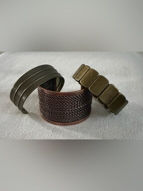 Set of Three Metal Cuff Bracelets - Bronze, Antique Gold, Dark Brass
